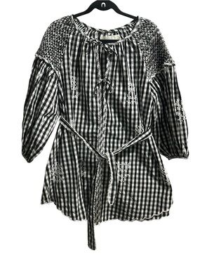 Innika Black & White Gingham Tie-Front Peasant Tunic size 3/XL